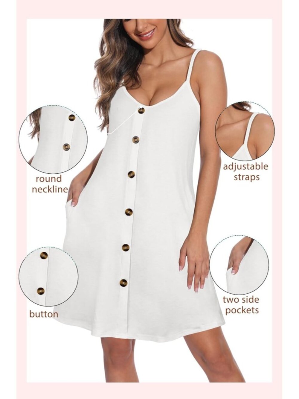 Women's White Summer Dresses Spaghetti Strap Button Down V Neck Sundress Beach - Picture 6 of 7